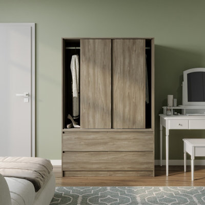 Urbn-Living Urbnliving 180Cm Height Oak Carcass 3 Sliding Oak Door With 4 Oak Drawer Wardrobe Clothes Storage Hanging Rail Bedroom - image 1