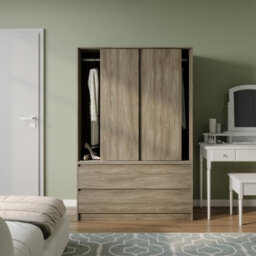 Urbn-Living Urbnliving 180Cm Height Oak Carcass 3 Sliding Oak Door With 4 Oak Drawer Wardrobe Clothes Storage Hanging Rail Bedroom - thumbnail 1