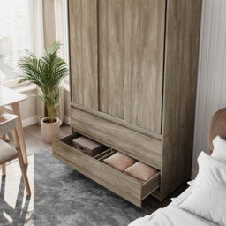 Urbn-Living Urbnliving 180Cm Height Oak Carcass 3 Sliding Oak Door With 4 Oak Drawer Wardrobe Clothes Storage Hanging Rail Bedroom - thumbnail 4