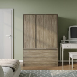 Urbn-Living Urbnliving 180Cm Height Oak Carcass 3 Sliding Oak Door With 4 Oak Drawer Wardrobe Clothes Storage Hanging Rail Bedroom - thumbnail 3