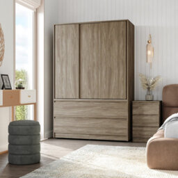 Urbn-Living Urbnliving 180Cm Height Oak Carcass 3 Sliding Oak Door With 4 Oak Drawer Wardrobe Clothes Storage Hanging Rail Bedroom - thumbnail 2