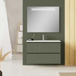 Banyetti Linea Muscat Sage Ribbed Double Drawer Wall Hung Vanity Unit 1000mm X 390mm - thumbnail 1