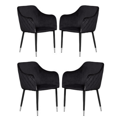 Life Interiors Set Of 4 Black Verona Velvet Dining Chairs With Quilted Back & Black Legs - Modern Accent Chair With Silver Foot Tips - image 1
