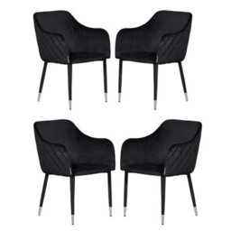 Life Interiors Set Of 4 Black Verona Velvet Dining Chairs With Quilted Back & Black Legs - Modern Accent Chair With Silver Foot Tips