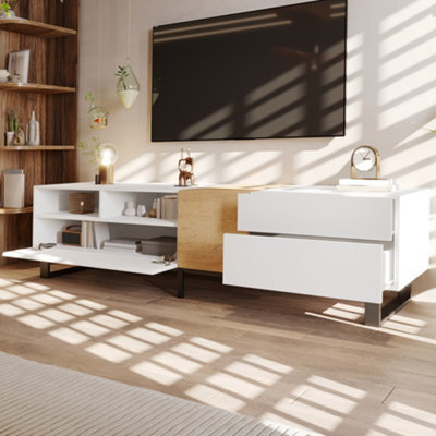 Btm Modern Tv Cabinet, White And Wood Look, 180 X 50 X 38 Cm, Minimalist Design - image 1