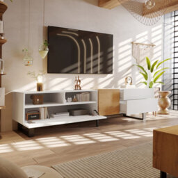 Btm Modern Tv Cabinet, White And Wood Look, 180 X 50 X 38 Cm, Minimalist Design - thumbnail 2