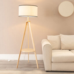 Valuelights Morrigan Natural Wood Shelf Tripod Floor Lamp With Black Trim Shade And Bulb