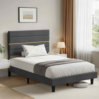 Small Double Bed Frame With Adjustable Upholstered Headboard, Wooden Slats, Metal Frame, Slate Grey - image 1