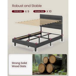 Small Double Bed Frame With Adjustable Upholstered Headboard, Wooden Slats, Metal Frame, Slate Grey - thumbnail 4