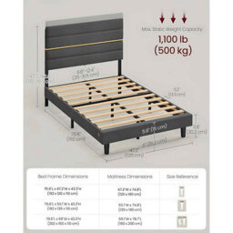 Small Double Bed Frame With Adjustable Upholstered Headboard, Wooden Slats, Metal Frame, Slate Grey - thumbnail 2