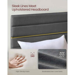 Small Double Bed Frame With Adjustable Upholstered Headboard, Wooden Slats, Metal Frame, Slate Grey - thumbnail 3