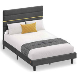 Small Double Bed Frame With Adjustable Upholstered Headboard, Wooden Slats, Metal Frame, Slate Grey - thumbnail 7