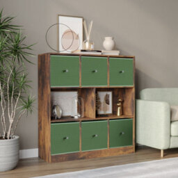 Urbn-Living Urbnliving Asymmetrical 8 Cube Bookcase Shelf Storage Unit W/ 6 Fabric Drawer Inserts (Rustic Brown+Pastel Green)