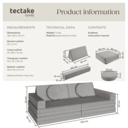 Tectake Kids Sofa Lilly - 8-Piece, Flexible Arrangement Play Sofa, Thick Padding, Removable Covers - 60 Centimetre Grey - thumbnail 6