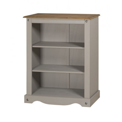 Mercers Furniture Corona Grey Wax Small Bookcase 2 Shelf Open Display Low Unit Solid Wood Pine Wooden With Mexican Styling - image 1