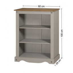 Mercers Furniture Corona Grey Wax Small Bookcase 2 Shelf Open Display Low Unit Solid Wood Pine Wooden With Mexican Styling - thumbnail 5