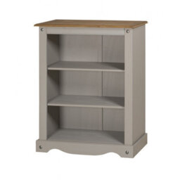 Mercers Furniture Corona Grey Wax Small Bookcase 2 Shelf Open Display Low Unit Solid Wood Pine Wooden With Mexican Styling