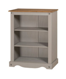 Mercers Furniture Corona Grey Wax Small Bookcase 2 Shelf Open Display Low Unit Solid Wood Pine Wooden With Mexican Styling - thumbnail 2