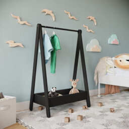 Black Clothes Rail Kids Wooden Hanging Dress Up Rack Display Stand Extra Storage Shelf - thumbnail 3