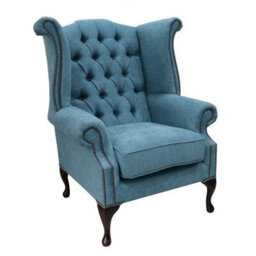 Chesterfield High Back Wing Chair Marinello Kingfisher Blue Fabric In Queen Anne Style - thumbnail 1