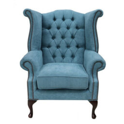 Chesterfield High Back Wing Chair Marinello Kingfisher Blue Fabric In Queen Anne Style - thumbnail 2
