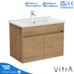 Vitra 800mm Wall Hung Bathroom Vanity Unit With 2 Doors & Basin - Golden Oak Includes Chrome Tap - thumbnail 1