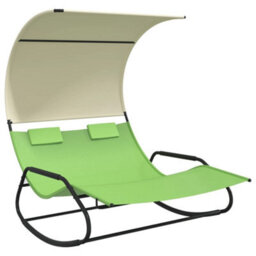 Berkfield Rocking Double Sun Lounger With Canopy Green And Cream - thumbnail 2