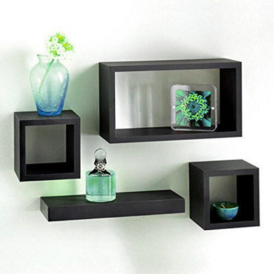 Urbn-Living Urbnliving Height 16Cm Set Of 4 Wooden Black Cube Shelves Wall Storage Display - image 1