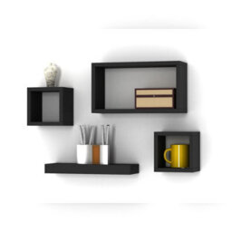 Urbn-Living Urbnliving Height 16Cm Set Of 4 Wooden Black Cube Shelves Wall Storage Display - thumbnail 2