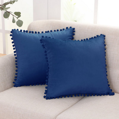Deconovo 2 Pack Pom Pom Crushed Velvet Cushion Covers 24X24 Inches Pillowcases For Sofa With Invisible Zipper 60Cm X 60Cm Navy - image 1