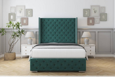 "Sloomy Arundel Emerald Plush Bed Frame With 50"" Upholstered Wingback Headboard 2'6 Small Single" - image 1