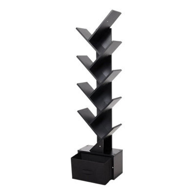 Black With Drawer Wooden Bookshelf Display Bookcase Tree Shaped Storage - image 1