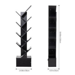 Black With Drawer Wooden Bookshelf Display Bookcase Tree Shaped Storage - thumbnail 2