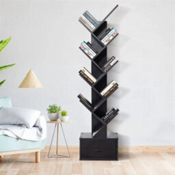 Black With Drawer Wooden Bookshelf Display Bookcase Tree Shaped Storage - thumbnail 3