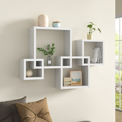 Living And Home White Floating 4 Cube Intersecting Wooden Shelves Wooden Wall Mount Square Shelf - image 1