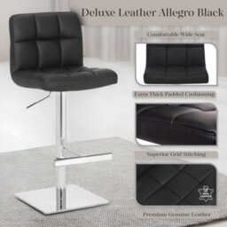 Lamboro Deluxe Allegro Real Leather Bar Stool, Adjustable Height, Weighted Base, Kitchen Bar Stool, Black - thumbnail 2