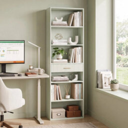 Tall Bookcase With Cubes, 7 Tier Bookshelf With Drawer, Light Green - thumbnail 5