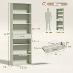 Tall Bookcase With Cubes, 7 Tier Bookshelf With Drawer, Light Green - thumbnail 2