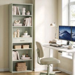 Tall Bookcase With Cubes, 7 Tier Bookshelf With Drawer, Light Green - thumbnail 3