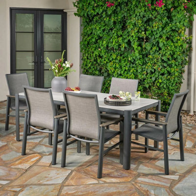 Xample Sunvilla Palermo 7Pc Sling Dining Set - 6 Chairs, Permastone Table, Aluminium Frame, Weather-Resistant, Outdoor Patio Set + Cover - image 1