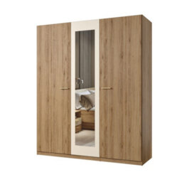 Arte Stylish Oak & Beige Vertina 19 Hinged Door Wardrobe W1790mm H2150mm D590mm - Mirrored Door, Ample Storage
