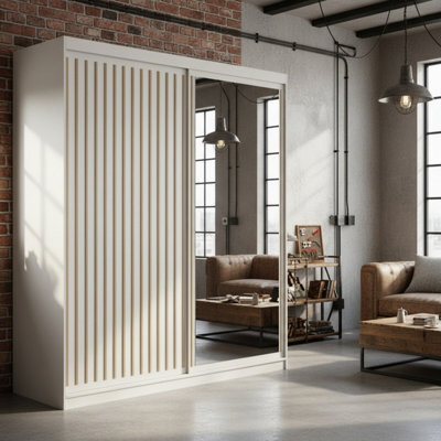 Delia 180 White Sliding Door Wardrobe Modern Design With Mirror And Decorative Slats - image 1