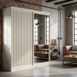 Delia 180 White Sliding Door Wardrobe Modern Design With Mirror And Decorative Slats - thumbnail 1