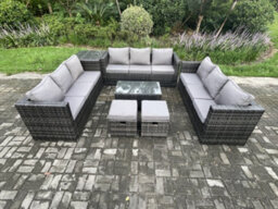 Fimous Outdoor Lounge Sofa Set Wicker Pe Rattan Garden Furniture Set With Oblong Coffee Table Side Table 2 Small Footstools - thumbnail 2
