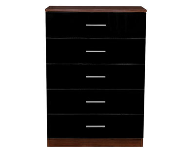 Reflect 5 Drawer Chest - Black Gloss & Walnut - Modern Vertical Bedroom Storage Unit - H: 100Cm X W: 70Cm X D: 40Cm - image 1