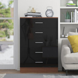 Reflect 5 Drawer Chest - Black Gloss & Walnut - Modern Vertical Bedroom Storage Unit - H: 100Cm X W: 70Cm X D: 40Cm - thumbnail 2