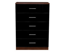 Reflect 5 Drawer Chest - Black Gloss & Walnut - Modern Vertical Bedroom Storage Unit - H: 100Cm X W: 70Cm X D: 40Cm