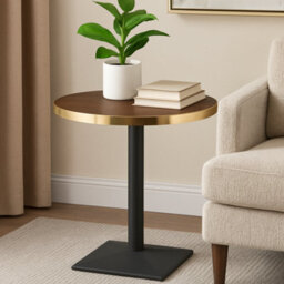 70Cm Round Walnut Bistro Table With Brushed Gold Edge & Black Square Pedestal Base - thumbnail 1