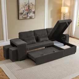 Btm 3-In-1 L-Shaped Sofa Bed With Storage Chaise, Usb & Footstools, Grey Corduroy - thumbnail 4