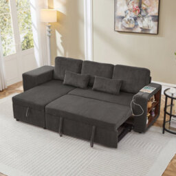 Btm 3-In-1 L-Shaped Sofa Bed With Storage Chaise, Usb & Footstools, Grey Corduroy - thumbnail 6